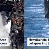 美国夏威夷地标霍莱海蚀拱门坍塌
